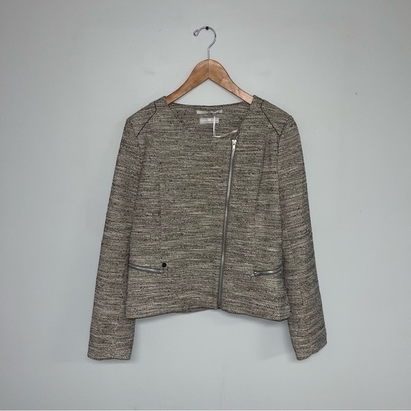 IKKS Pure Edition Jacket‎ Women's Size XL Beige Tweed Silver Asymmetric Zipper - Picture 2 of 13